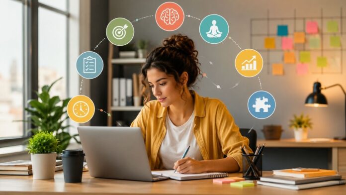 Profissional gerenciando o TDAH no trabalho com organização e foco