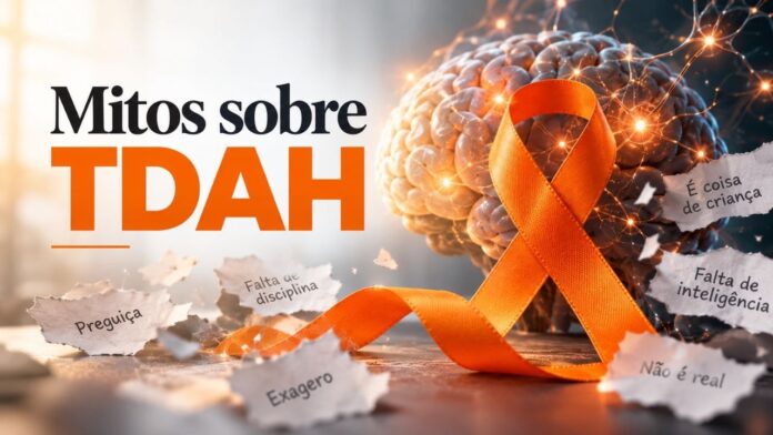 Fita laranja do Mês de Conscientização do TDAH ao lado do texto mitos sobre TDAH