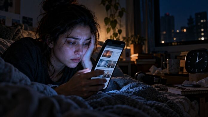 Pessoa rolando notícias no celular à noite, ilustrando TDAH e doomscrolling